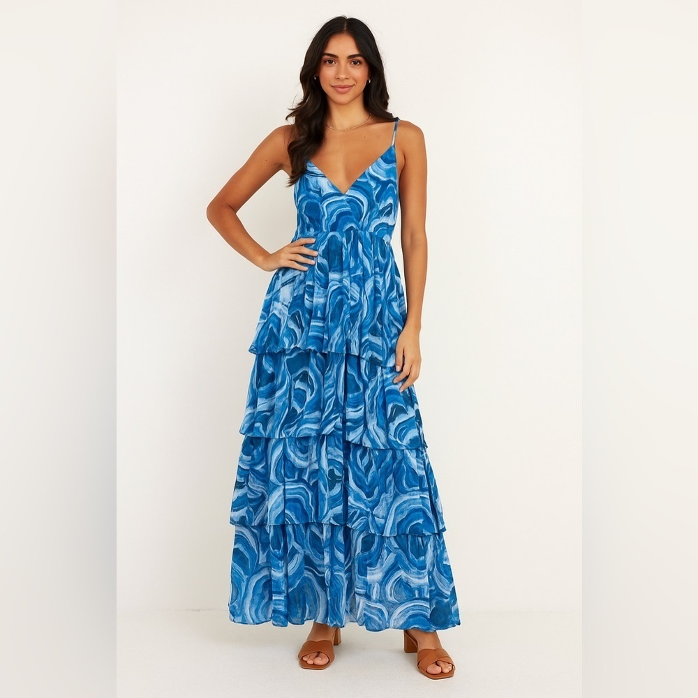 Brazilian Designer Horto Ruffled, Layered Ruffle Blue Maxi Dress. Size 40 (Us 6)